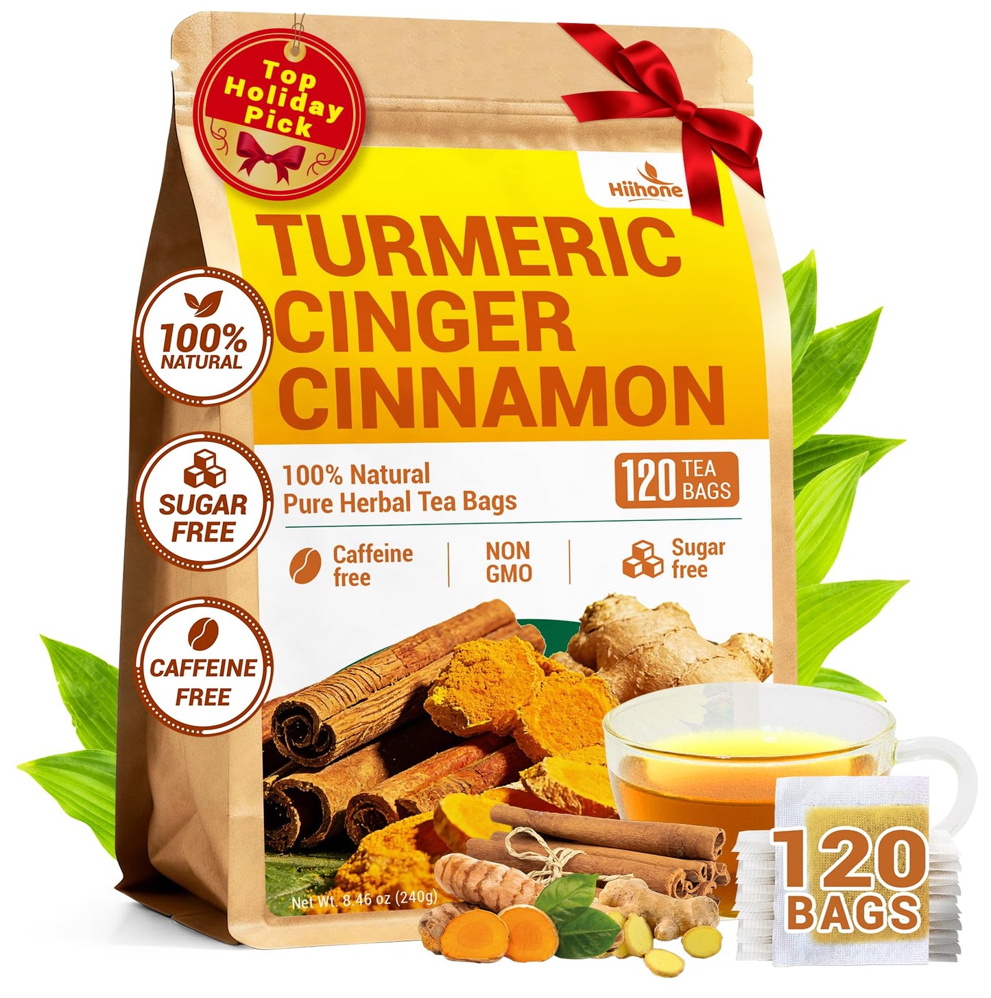 Turmeric Ginger Cinnamon Tea Bags  No Sugar  No Caffeine  120 Count