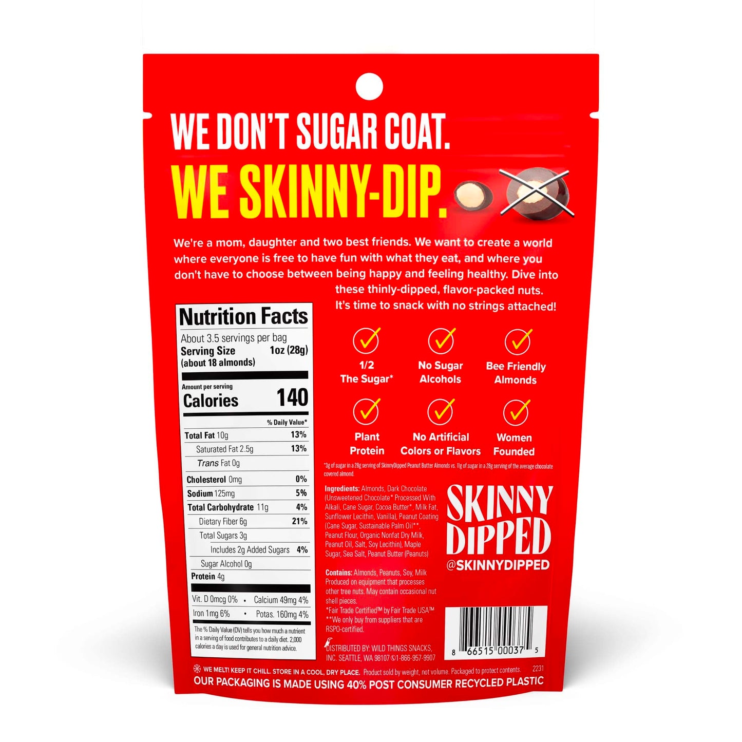 SkinnyDipped Dark Chocolate Peanut Butter Almonds, Healthy Snack, Plant Protein, Gluten Free, 3.5 oz Resealable Bags, (Pack of 5