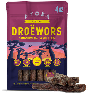 Ayoba Spicy Droewors Grass Fed Beef Paleo Sticks (4 Ounce, Pack Of 1) Keto Friendly, Air-Dried Grass Fed Beef Snack - Gluten Fre