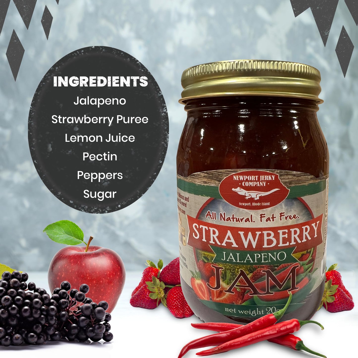 NEWPORT JERKY COMPANY Gourmet Strawberry Jalapeno Jam, Handcrafted, Fat Free, Gluten Free, 20oz