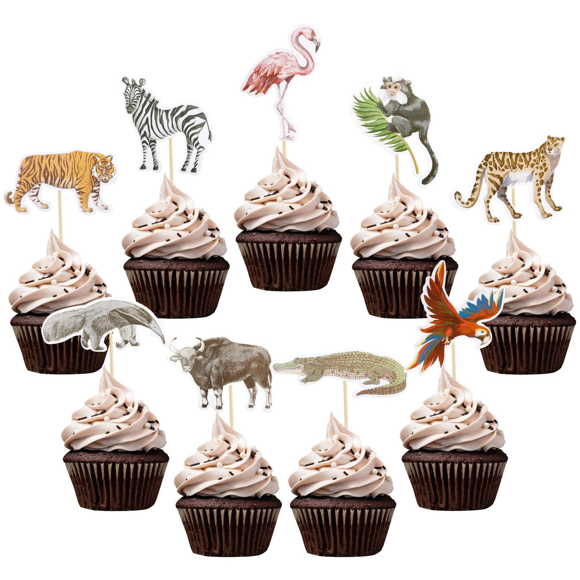 Gyufise 36Pcs Jungle Safari Animal Cupcake Toppers Tiger Zebra Cow Lion Cupcake Pick Decorations For Jungle Theme Baby Shower Bi