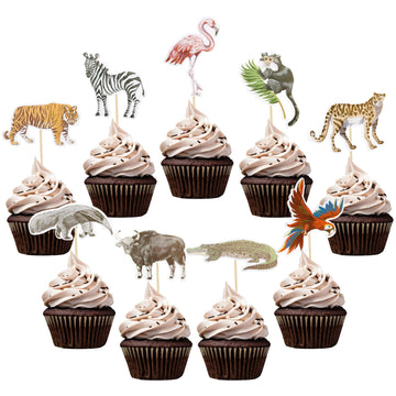 Gyufise 36Pcs Jungle Safari Animal Cupcake Toppers Tiger Zebra Cow Lion Cupcake Pick Decorations For Jungle Theme Baby Shower Bi