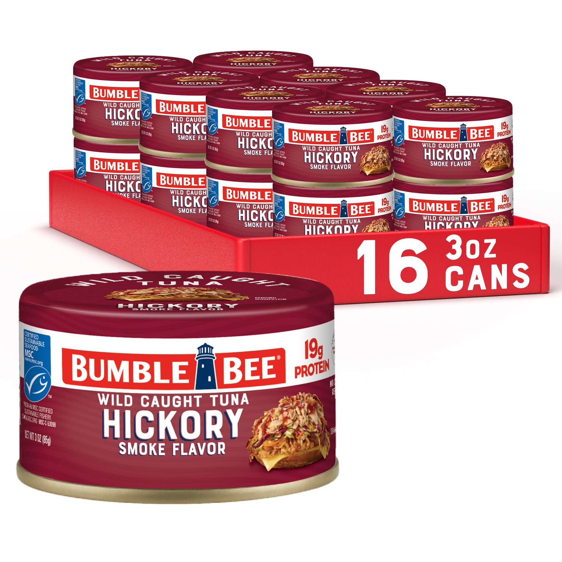 Bumble Bee Snackers - Hickory Smoke Tuna  3 oz Easy Open Can - 19g Protein per Serving - Wild Caught Skipjack Chunk Light Tuna Pack - No Draining  Ready to Eat (Pack of 16)