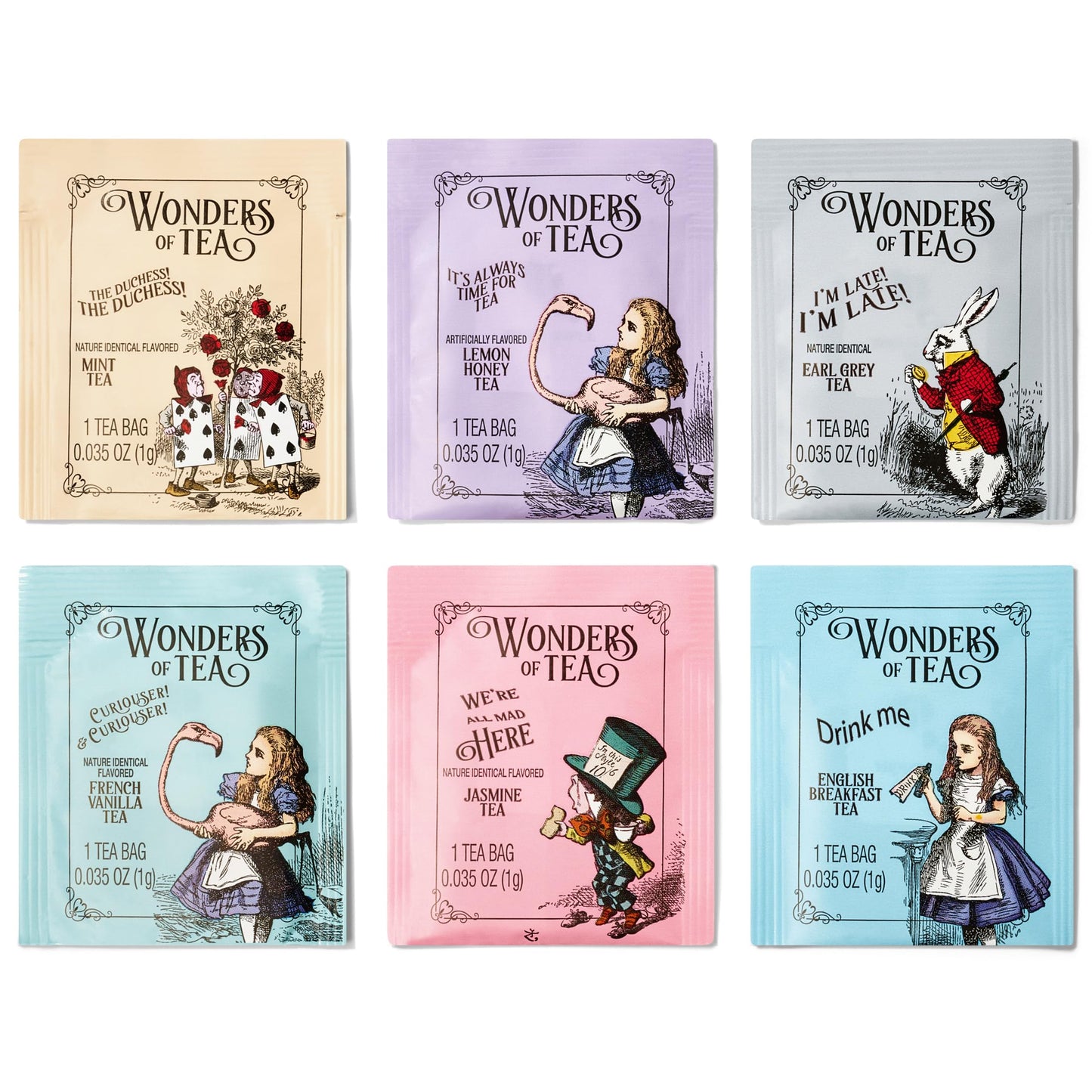 Alices Adventures in Wonderland  Wonder of Tea Gift Set  Tea Sampler includes 6 Flavors of Tea with Book Quotes and Illustrations  Set of 90