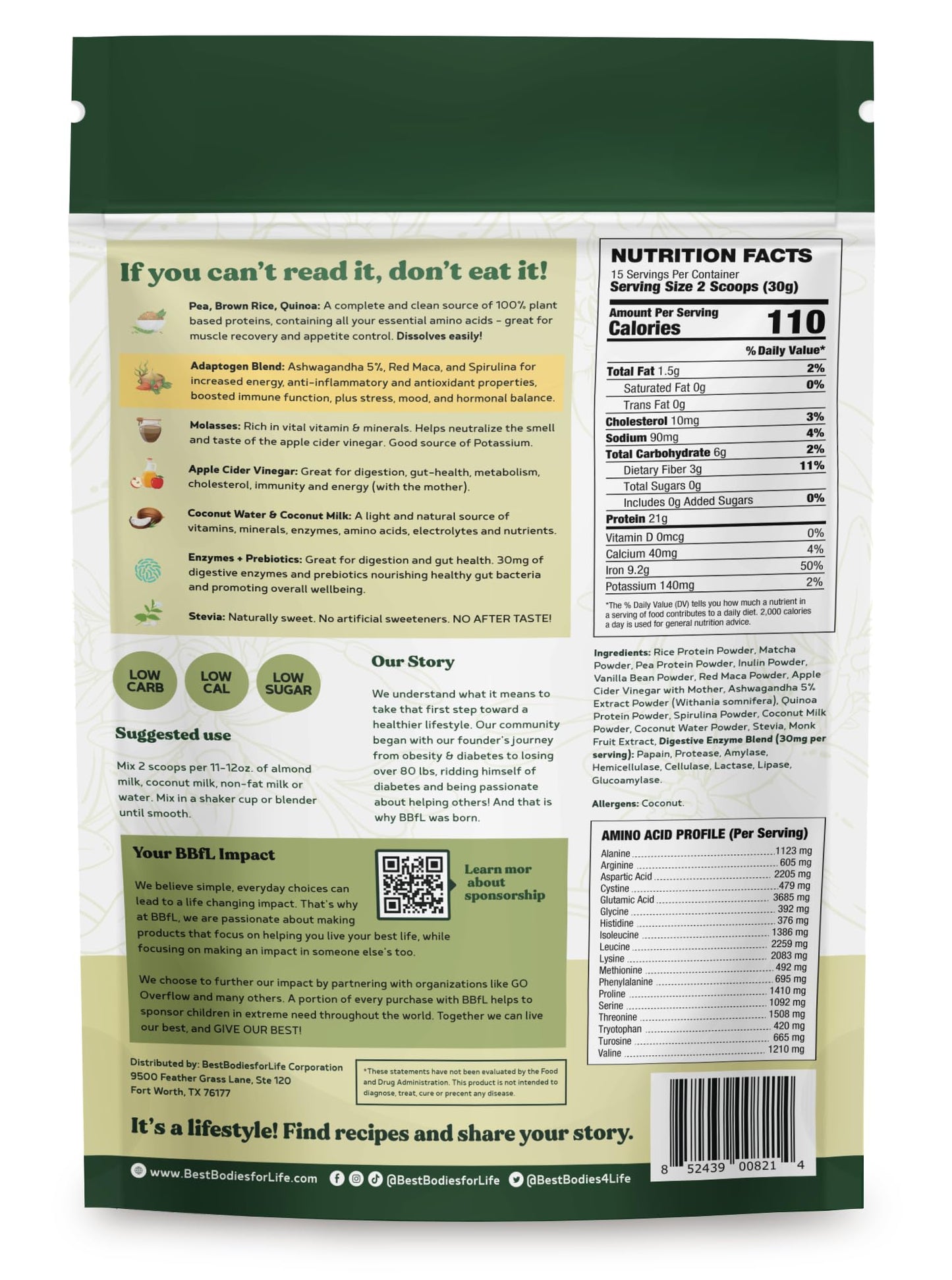BBfL Plant-Based Protein Shake – 21g Vegan Protein, Matcha + Apple Cider Vinegar, 15 Servings