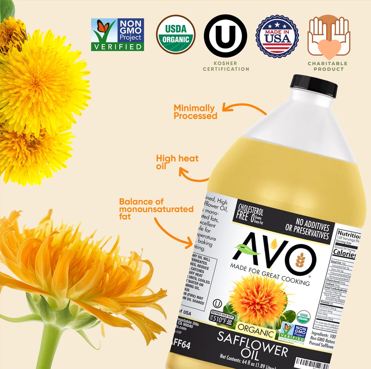 AVO Organic High Oleic Safflower Oil - Non-Stick Cooking, Baking, Frying - 64 Fl Oz (Half Gallon)
