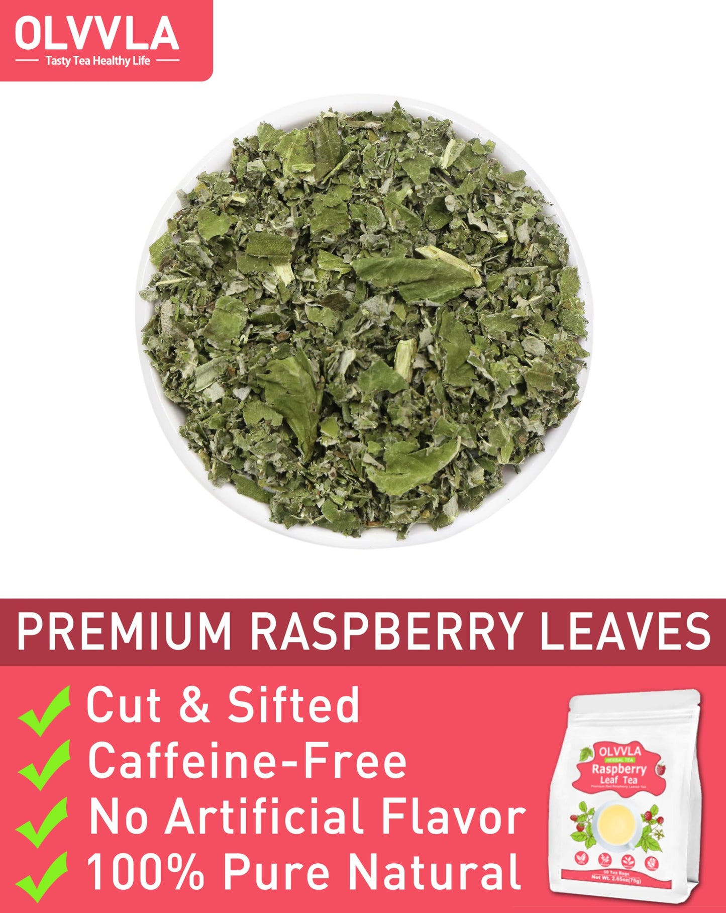 Olvvla Raspberry Leaf Tea Bags - 100% Pure Herbal Tea - Caffeine-free - 50 Count