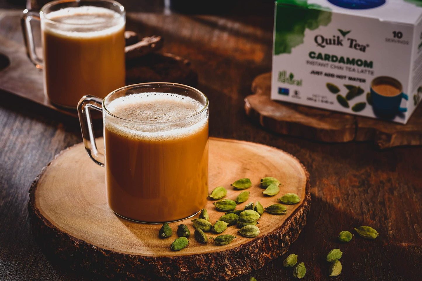 Quiktea Cardamom Instant Chai Tea Latte - 20 Count Single Box - Single Serve Pouches - All Natural & Preservative Free