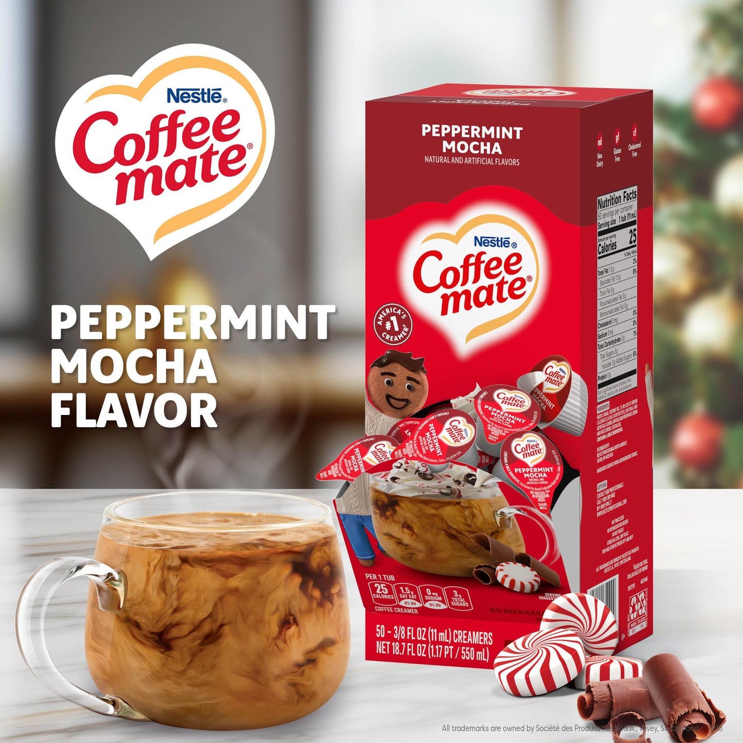 Coffee Mate Peppermint Mocha Creamer, Liquid Singles, 50/Box