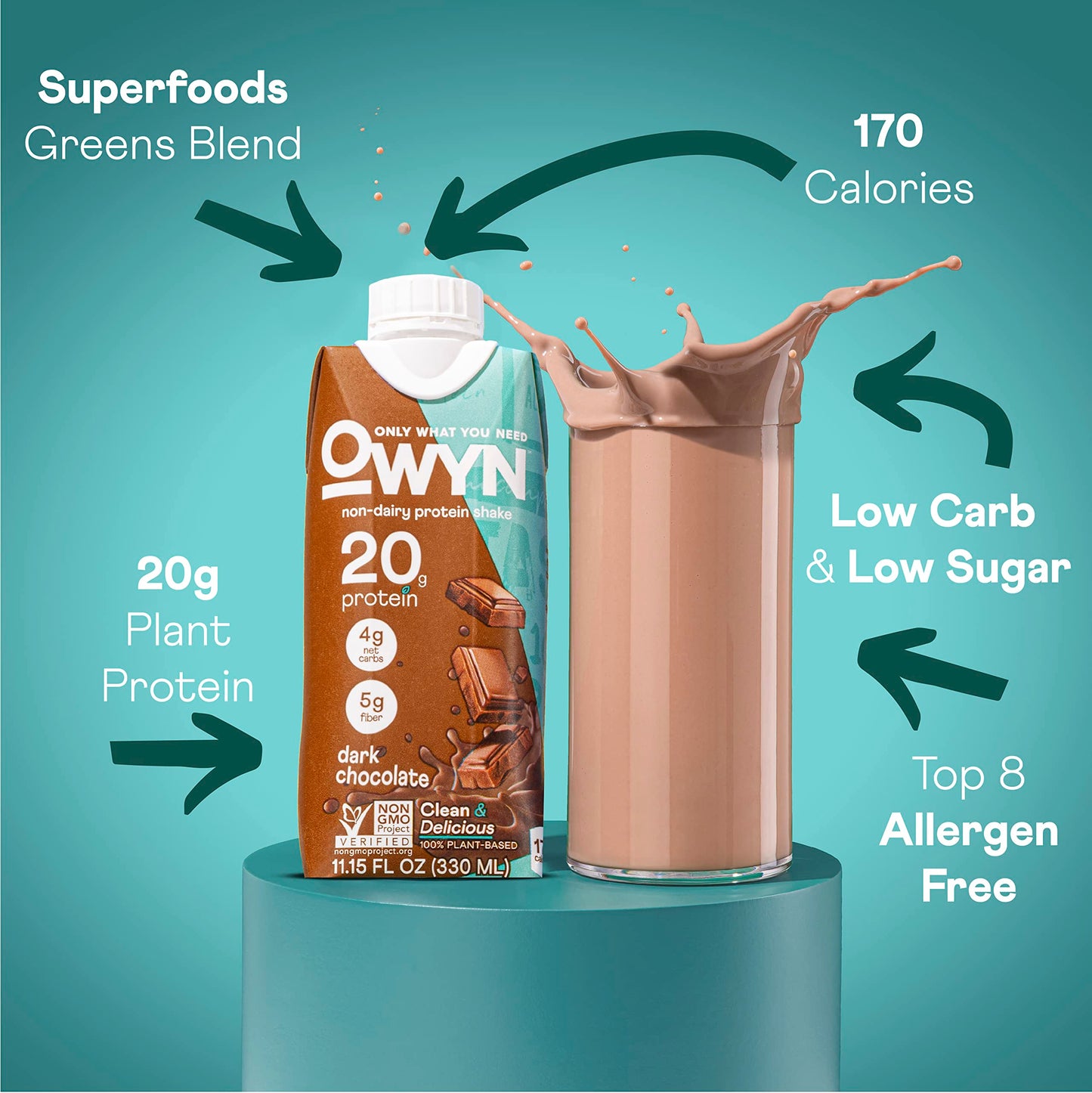 OWYN 20g Protein Shake, Chia Flax and Pea vegan protein blend with Prebiotics, Superfood Greens, gluten free, soy free. (Dark Ch