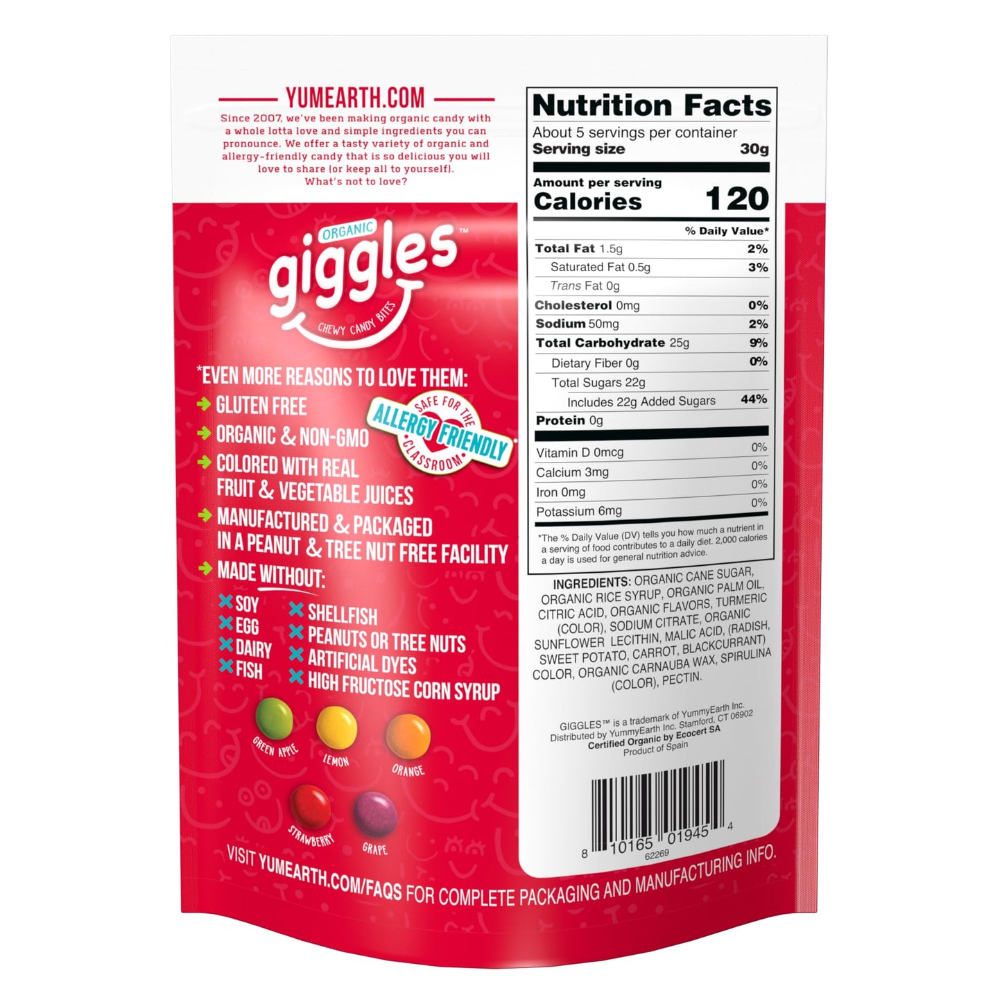 YumEarth Organic Giggles Chewy Candy - Allergy Friendly, No Artificial Dyes, Non GMO, Gluten Free, Fruit Flavored, Vegan Candy S