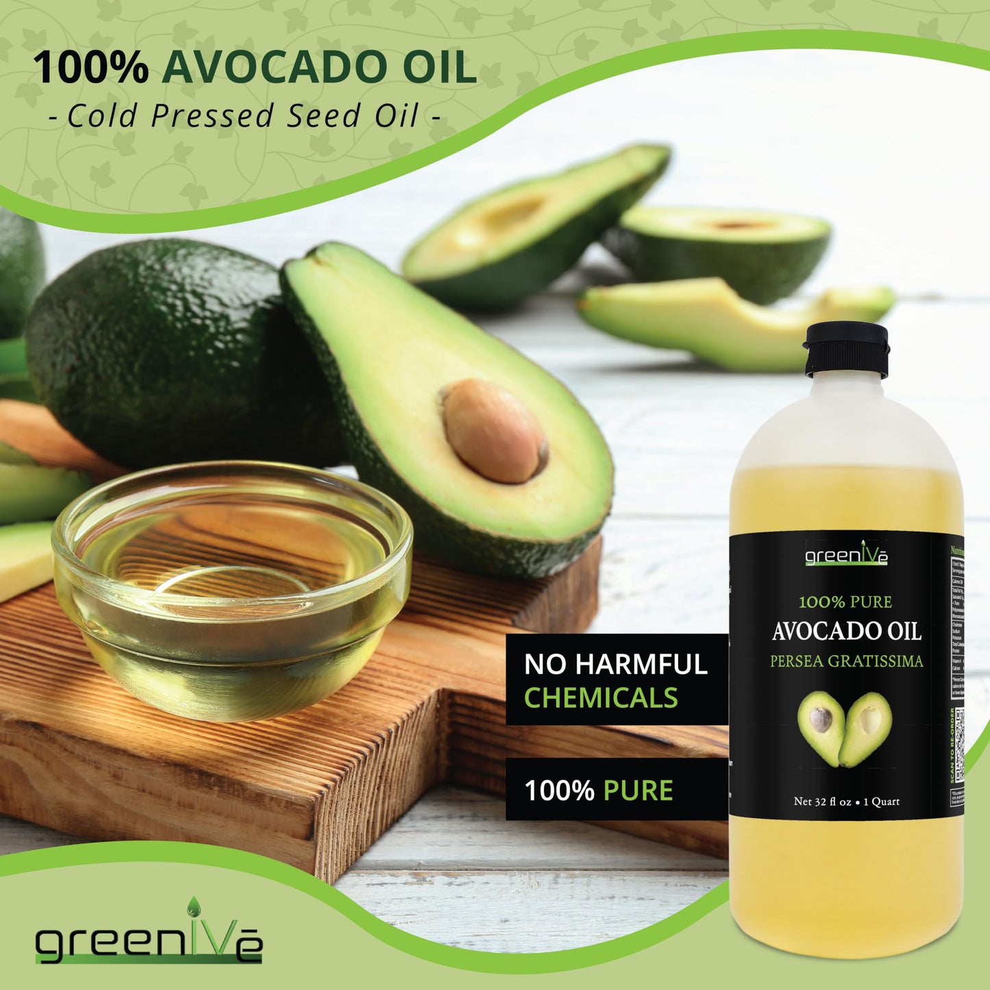 GreenIVe Avocado Oil 100% Pure Cold Pressed Non-GMO Vegan 32 Fl Oz