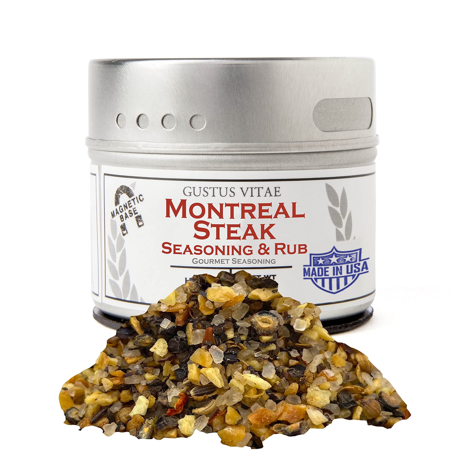 Gustus Vitae Montreal Steak Seasoning, All Natural Spice Blend, 2.5 Ounce, Silver Magnetic Tin