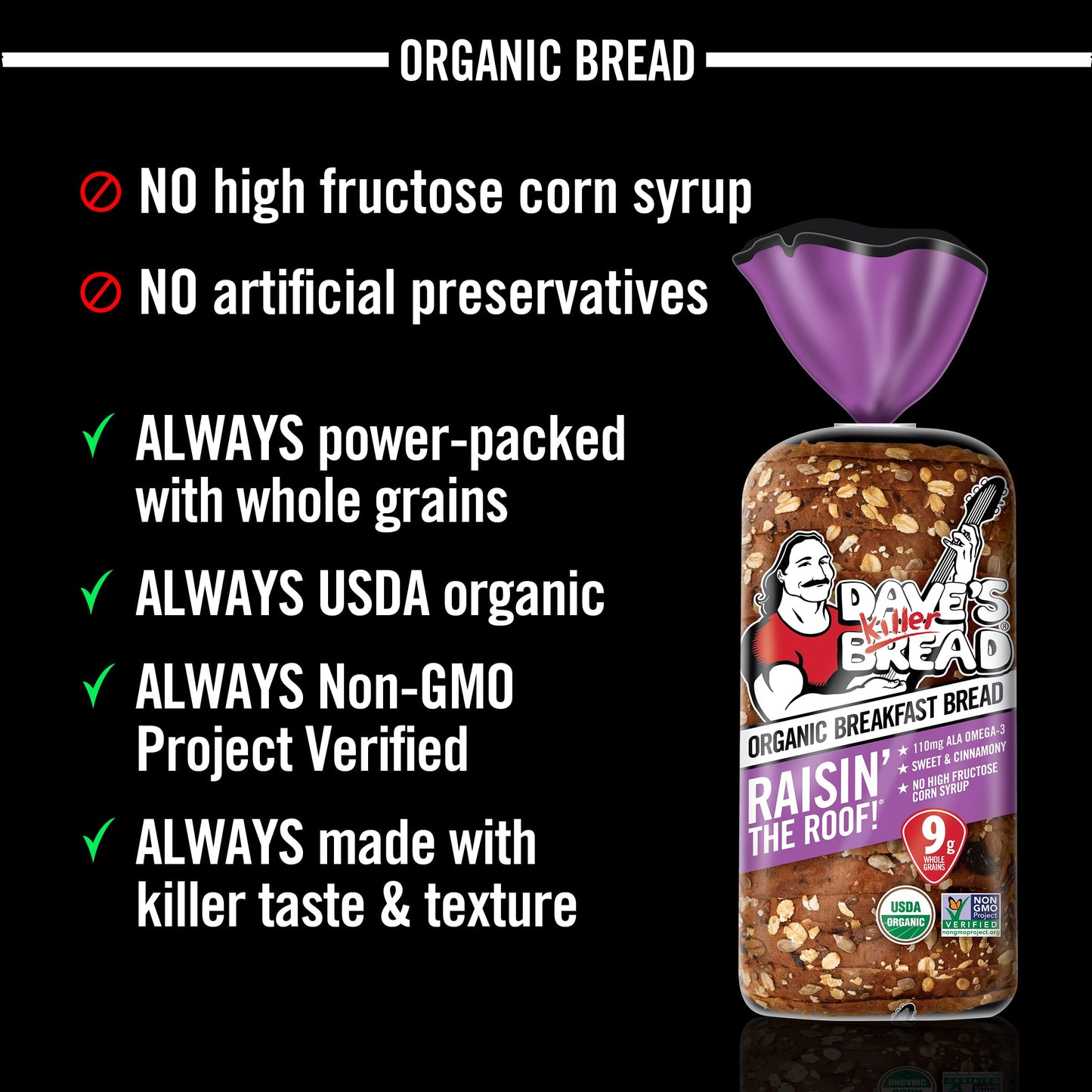 Daves Killer Bread Raisin the Roof!, Cinnamon Raisin Organic Breakfast Bread, 18 oz Loaf