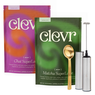 Clevr Blends Chai Tea And Ceremonial Grade Matcha Green Tea Powder, Instant Superfood Latte Bundle With Oat Milk, Lions Mane, Re