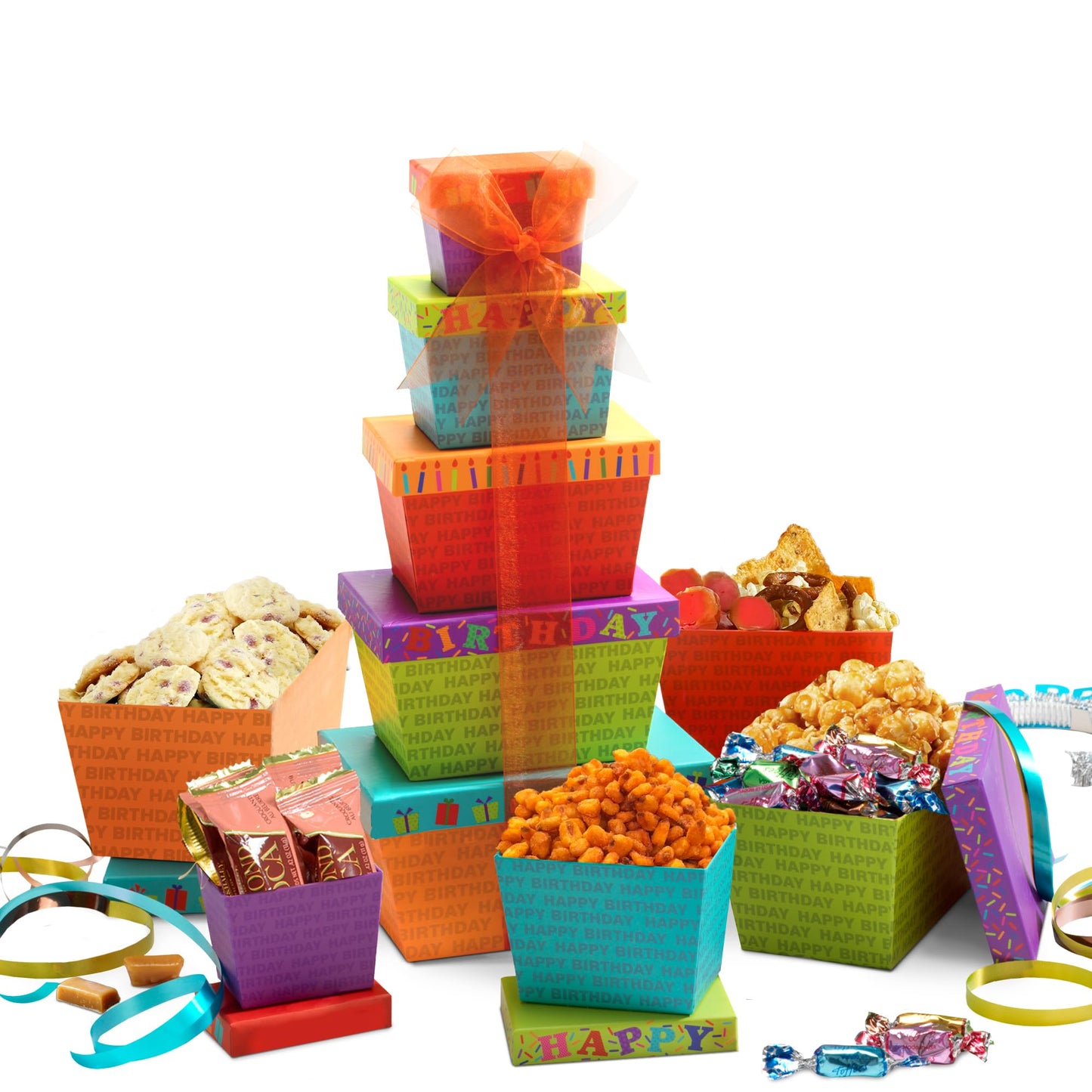Broadway Basketeers Food Chocolate Gift Basket Tower For Birthdays – Curated Snack Box, Sweet And Savory Treats For Parties, Best Wishes, Birthday Presents For Women, Men, Mom, Dad, Her, Him, Families