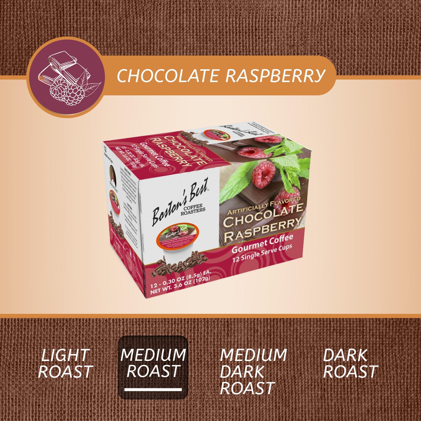 Bostons Best Chocolate Raspberry Medium Roast Coffee Compatible with Keurig, 12 Single Serve Cups, Model 017809009240