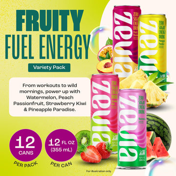 Zevia Zero Sugar Energy Drink Variety Pack, 12 oz Cans, Non-GMO, Gluten-Free, Vegan, 12-Pack
