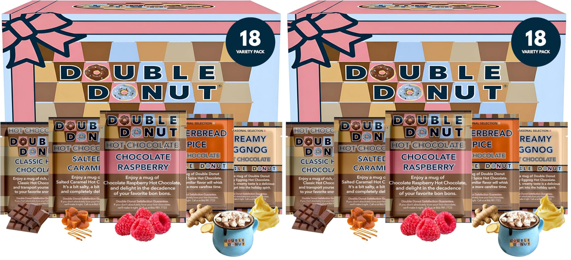 Double Donut Flavored Hot Chocolate Packets Variety Pack,18 Count Includes Classic, Chocolate Raspberry, Salted Caramel & Pepper
