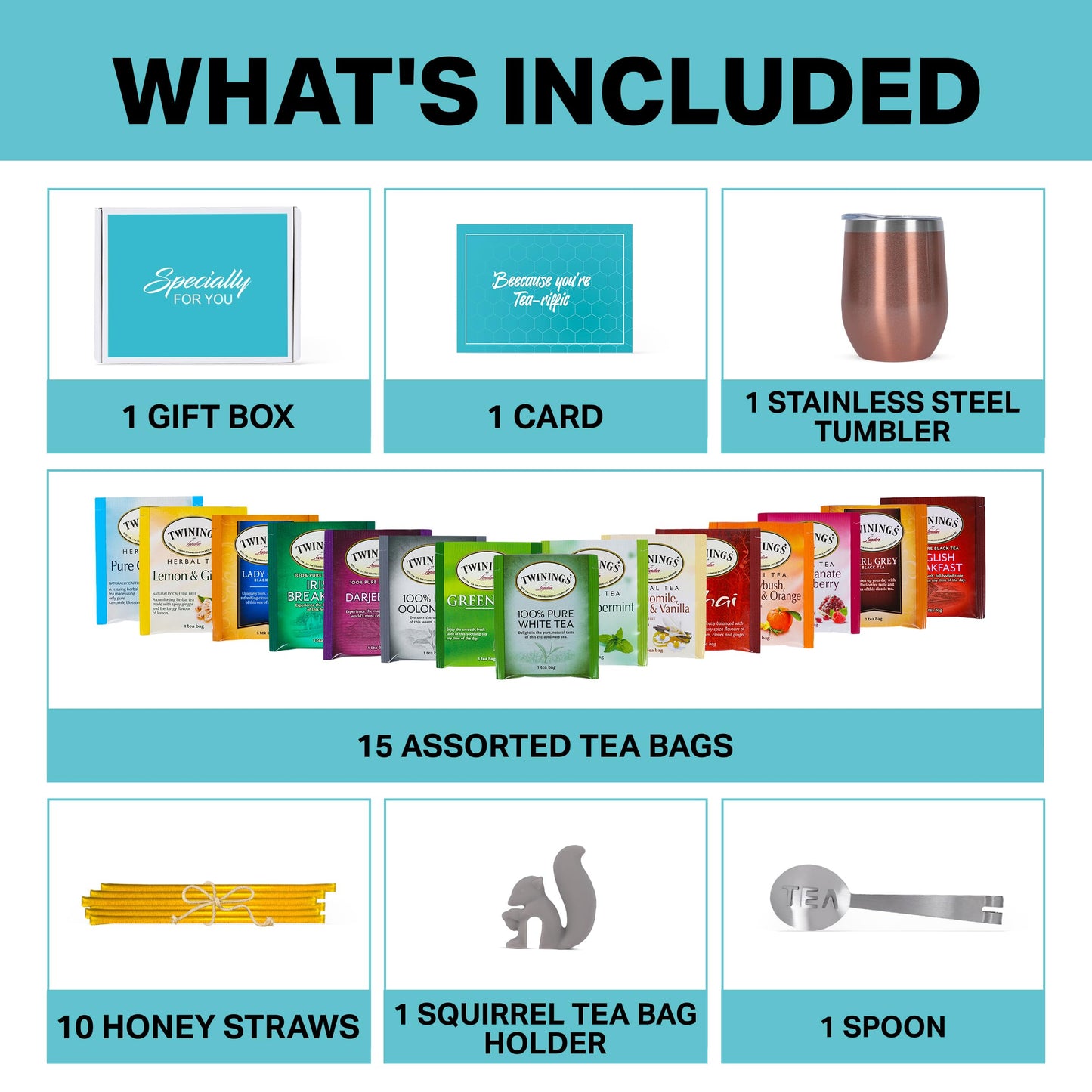 Modern Elegance Tea Gift Basket - 28 Piece Set with 15 Unique Blends, Honey Sticks, Stainless Tumbler, Rose Gold