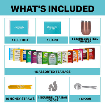 Modern Elegance Tea Gift Basket - 28 Piece Set with 15 Unique Blends, Honey Sticks, Stainless Tumbler, Rose Gold