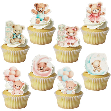 Gyufise 48Pcs Baby Shower Bear Cupcake Toppers - Blue, Pink - 1.8X1.4 Inch - Edible, Safe For Cakes, Cookies, Fruits - Baby Show