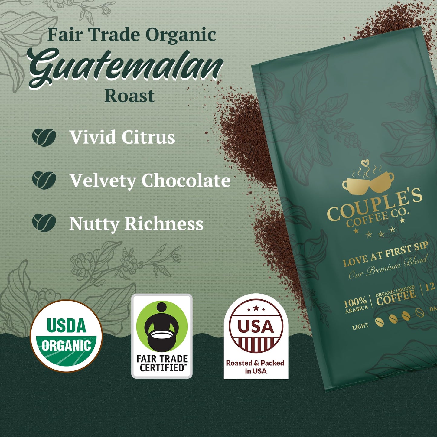 COUPLES COFFEE Organic Ground Coffee, Fair Trade Guatemalan Medium-Dark Roast, 12oz
