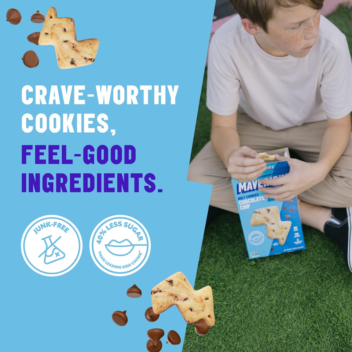MAVERICKS Chocolate Chip Bolt Cookies - Plant-Based, Nut Free, 40% Less Sugar - 7 oz Box (8 Pack)