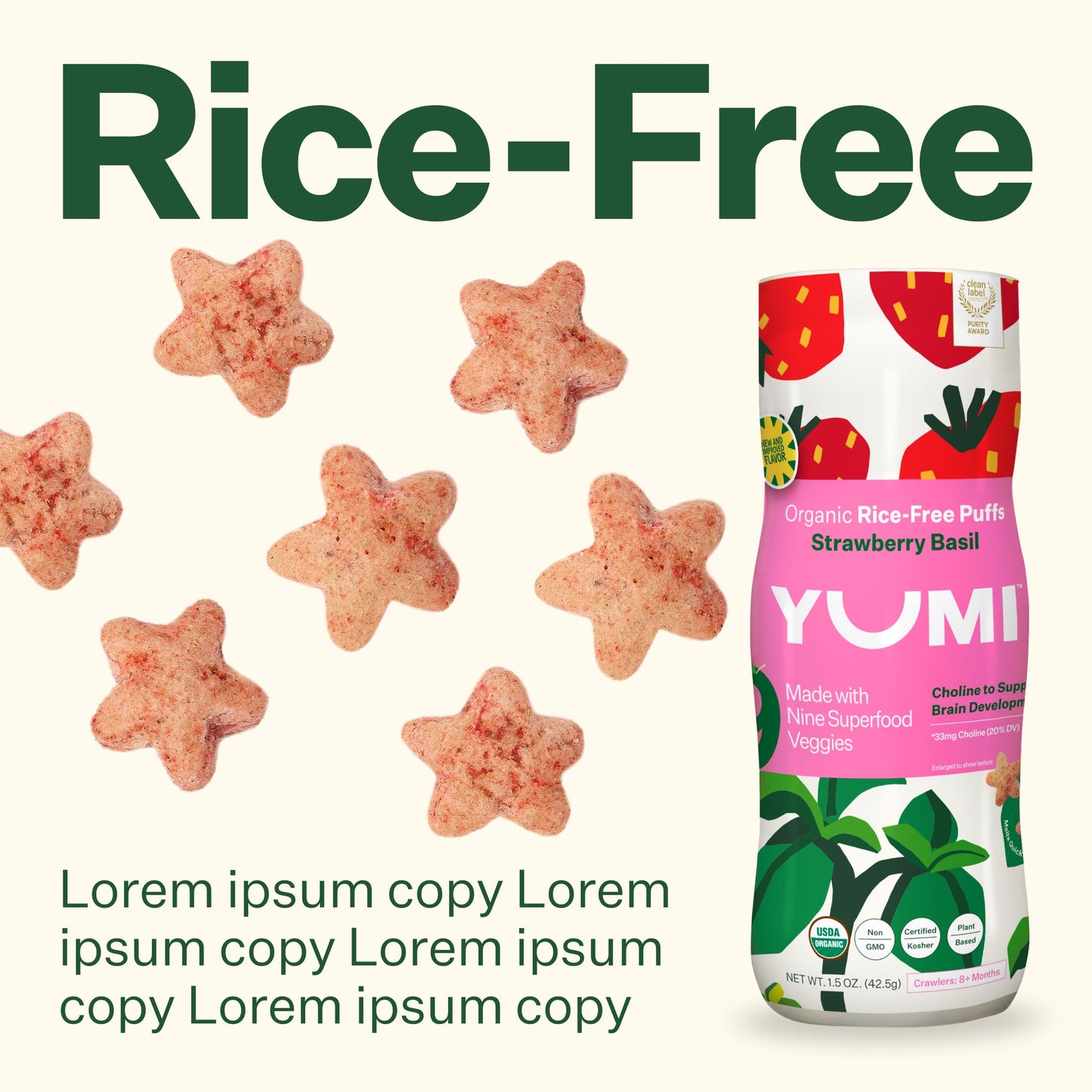 Yumi Rice-Free Baby Puffs - No Sugar Added, Gluten-Free, Non-Gmo Organic Baby Snacks Puffs, School Safe For Daycare And Lunchboxes - Alternative To Baby Teething Snacks, Strawberry Basil (6Ct.)