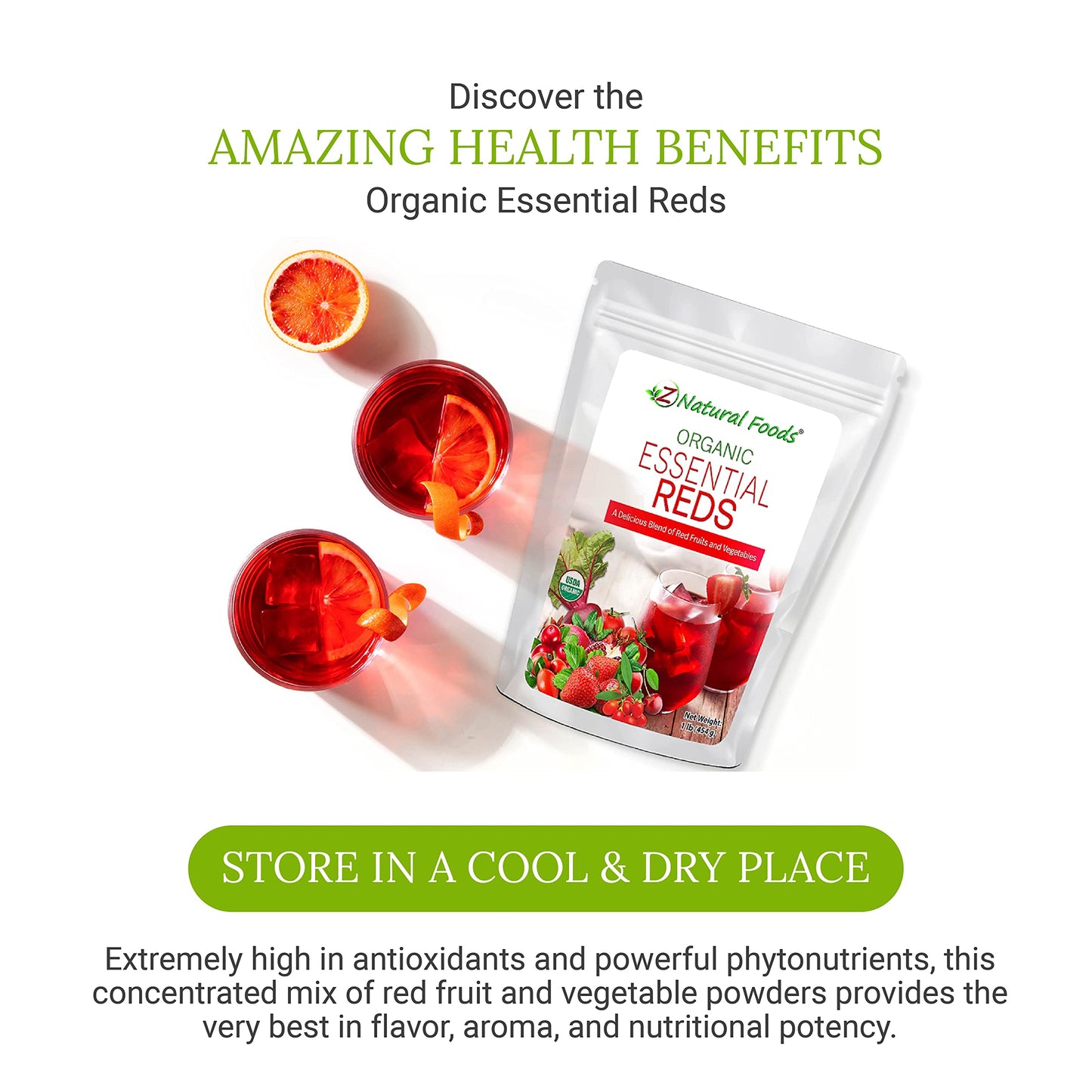 Z Natural Foods Organic Essential Reds, Organic Juice Powder, Super Blend Of 10 Red Fruits And Vegetables, Superfood Smoothie Po