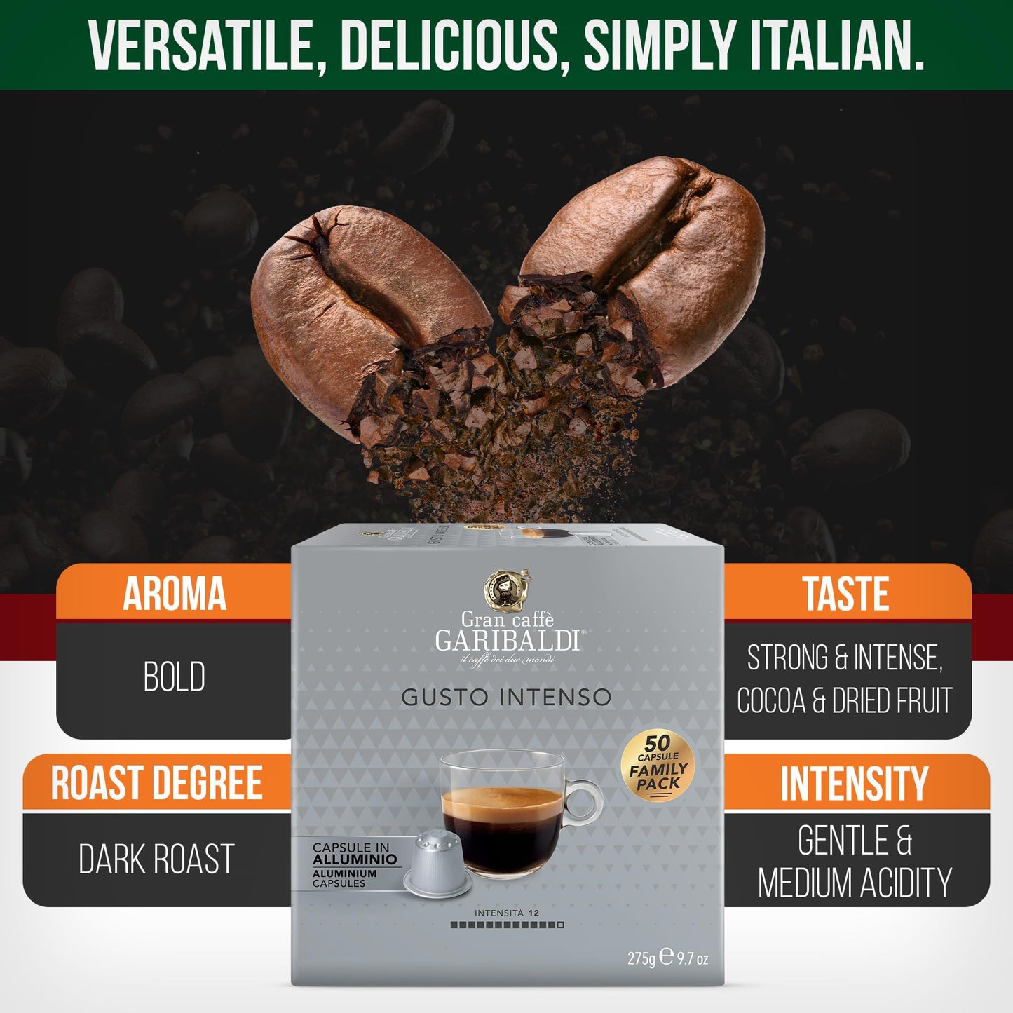 Caffè Garibaldi Espresso Pods, Italian Roasted, Dark Roast, Compatible with Nespresso Original, 50 Count, Aluminum