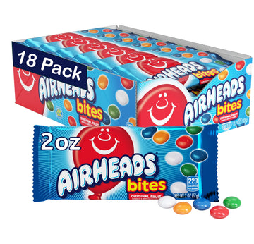 Airheads Candy Bites, Assorted Fruit Flavors, 2oz Packs, Box of 18, Red/Yellow/Blue