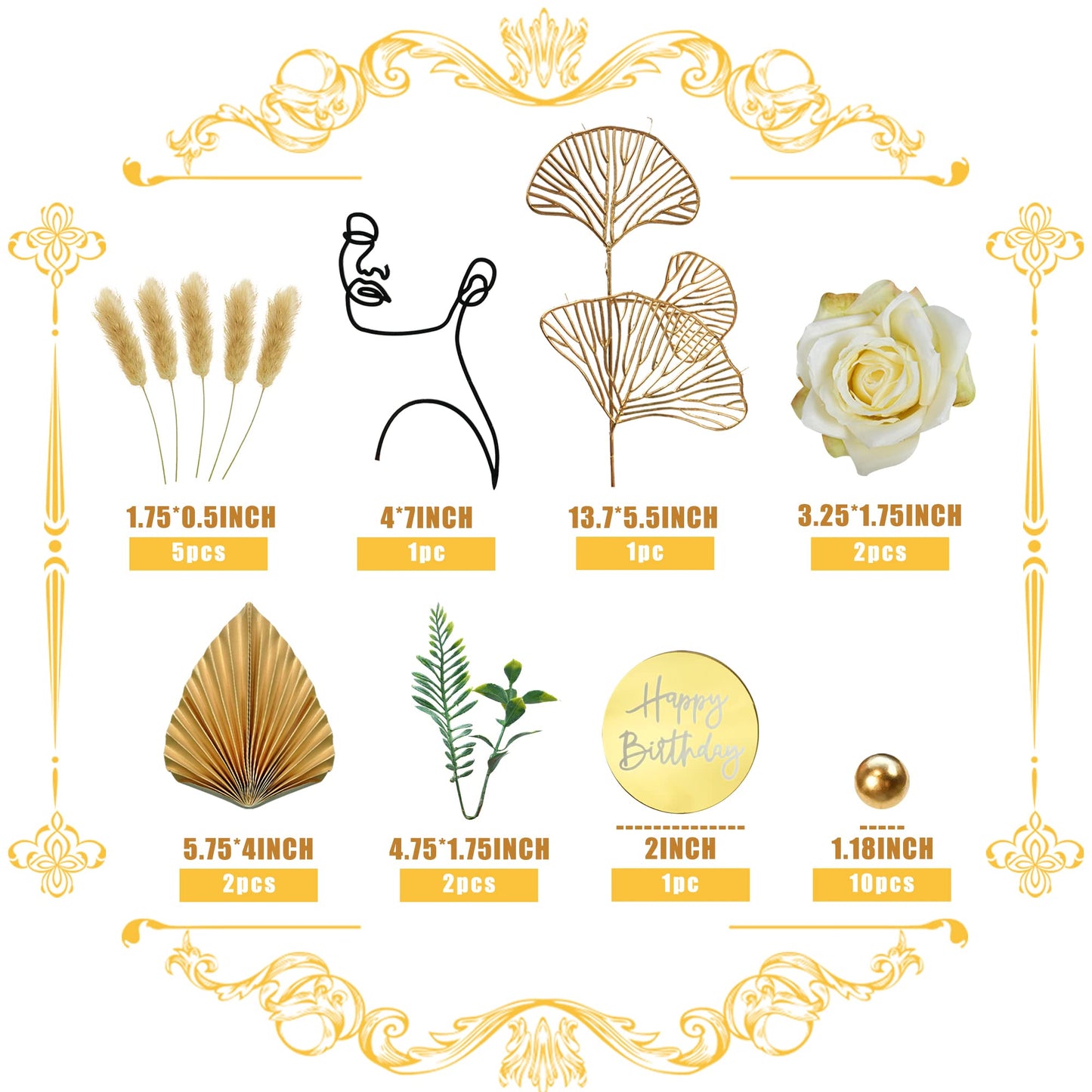DRWATE 20 PCS Cake Toppers Set, Abstract Lady Face Lines & Ginkgo Leaves, Acrylic, Gold, Multicolor, Model GCMGL10023