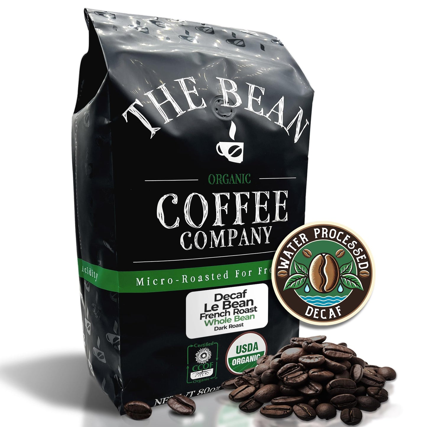 The Bean Organic Coffee Company Water Processed Decaf Le Bean, Dark French Roast, Whole Bean Coffee, 5-Pound Bag