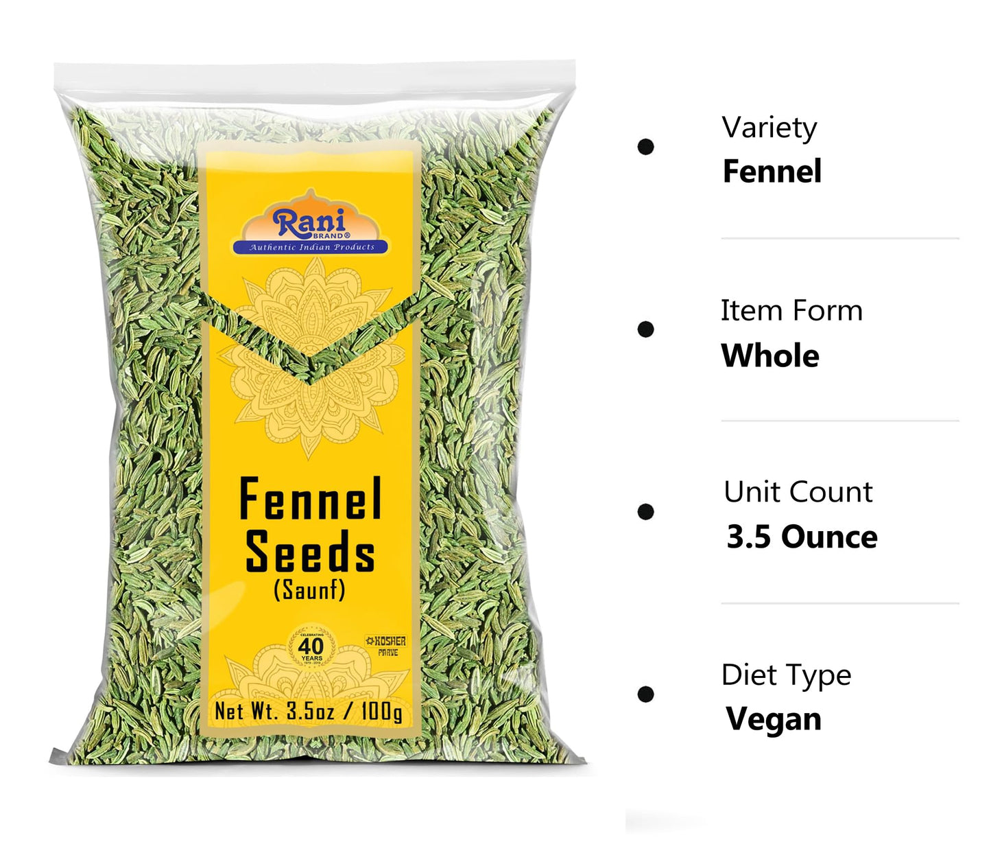 Rani Fennel Seeds (Saunf Sabut) Whole Spice 3.5Oz (100G) ~ All Natural | Gluten Friendly | Non-Gmo | Kosher | Vegan | Indian Origin