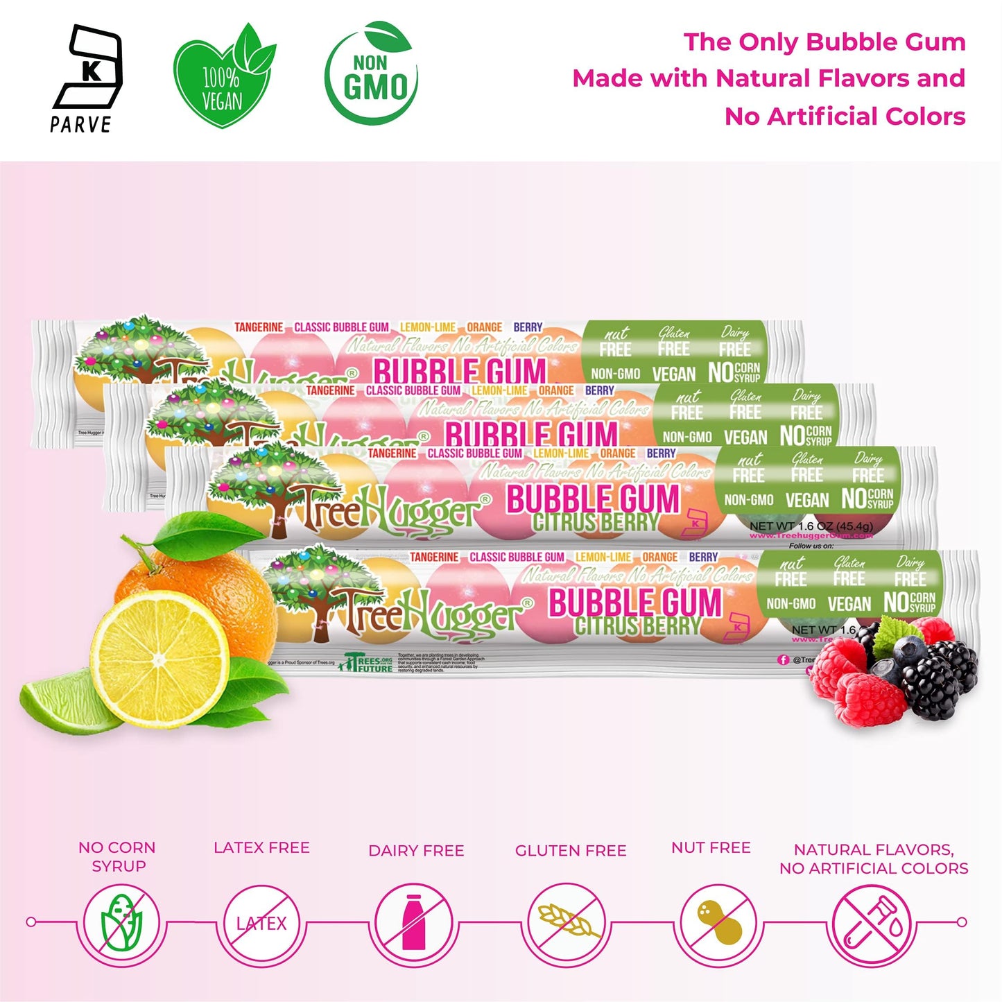 Tree Hugger Bubble Gum, Citrus Berry, Natural Flavors, No Artificial Colors, 1.6 Ounce (Pack Of 12)