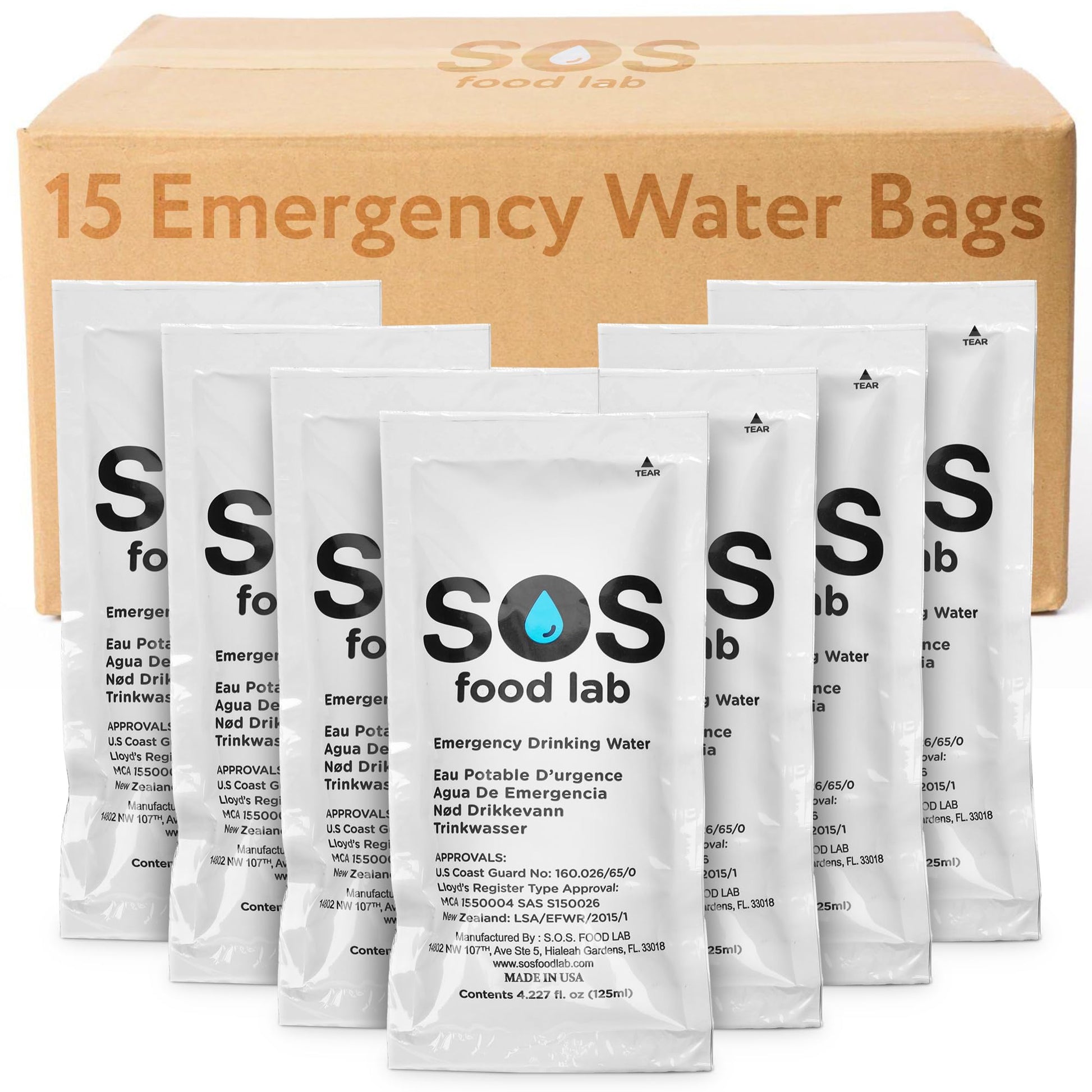 Sos Emergency Water Survival Bag - 15 Individually Packed Water Packets With 125 Ml Water Disasters Including Earthquake, Hurric
