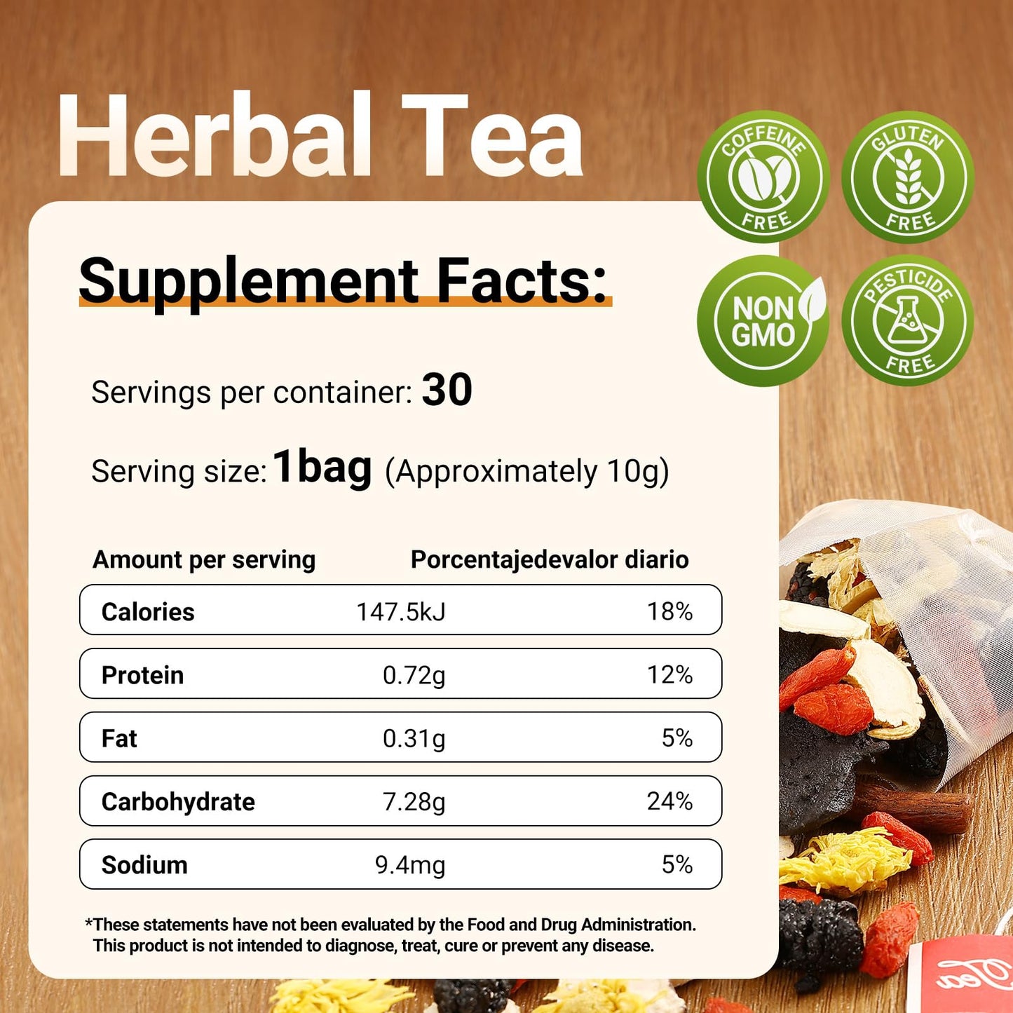 Ginseng Five Treasures Tea - 30 Bags  Caffeine-Free  Pure Herbal Blend with 8 Traditional Chinese Herbs Kidney Tea  Gentle Energy & Focus for Men and Women