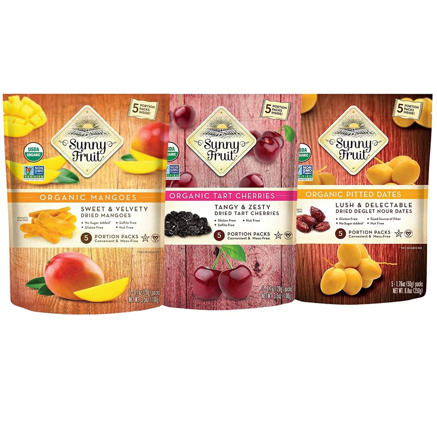 SUNNY FRUIT Organic Dried Fruit Assortment - Figs, Apricots, Dates, Mango, Cherries & Prunes, 30 Packs (1.76 oz each), NON-G