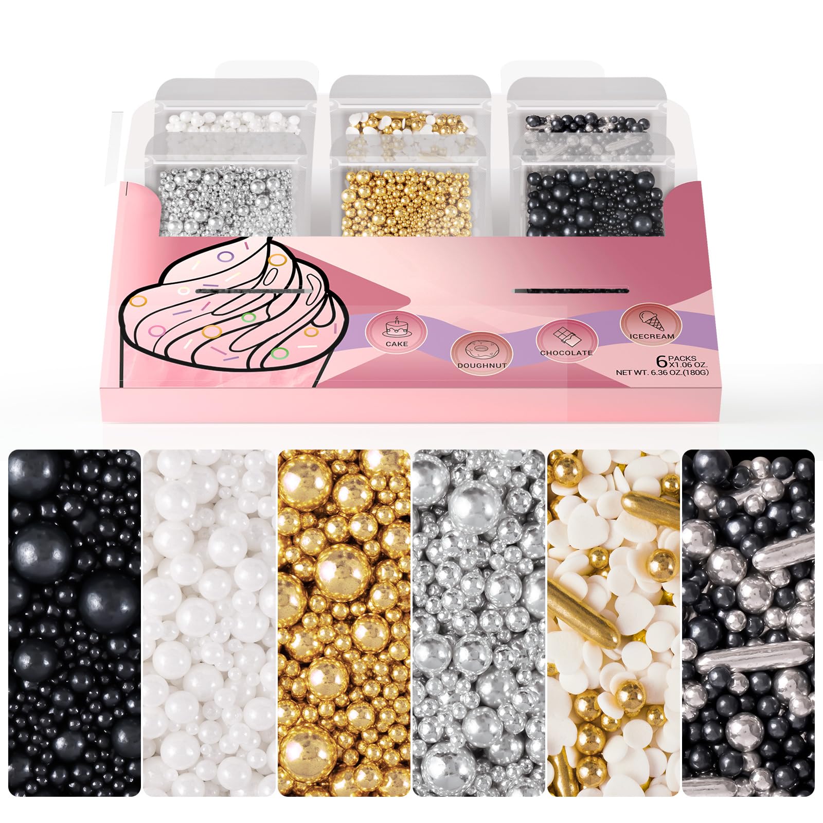 HUEBEATY 6-in-1 Edible Cake Pearl Sprinkles - Black Gold Silver White Sprinkles for Cake Decorating, Cupcakes, Cookies & Ice Cre