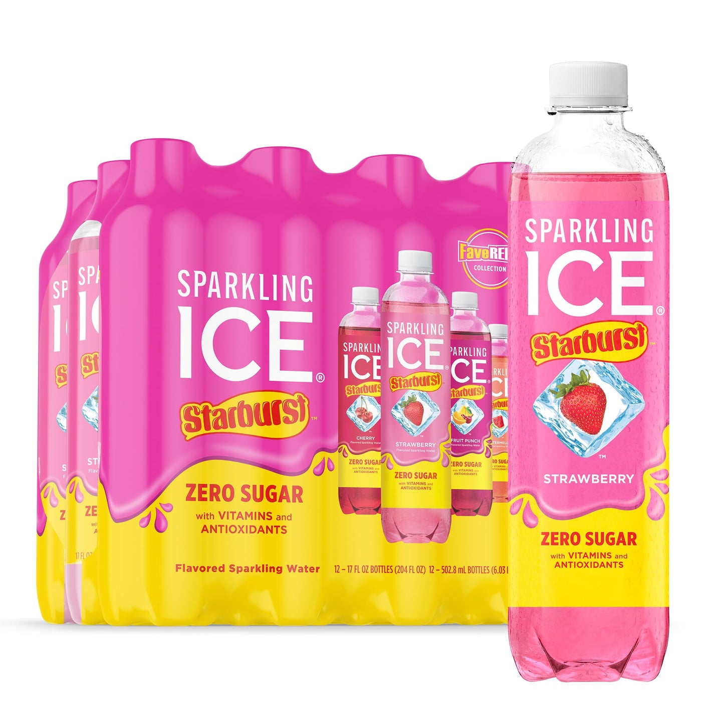 Sparkling Ice Starburst Variety Pack  Zero Sugar Flavored Sparkling Water  With Vitamins And Antioxidants  Low Calorie Beverage  17 Fl Oz  12 Count (Strawberry  Cherry  Fruit Punch  Watermelon)