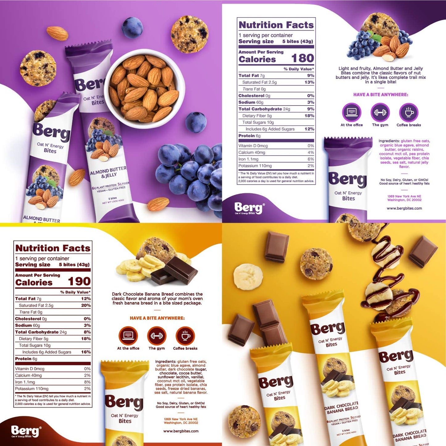 Berg Bites Oat N Energy Bites - Non-GMO, Gluten Free, Vegan - 1.5oz, Pack of 8