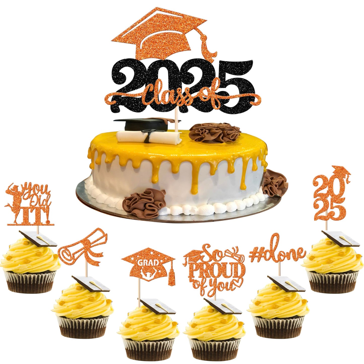 YCTHUNFISH 25 Pack Graduation Cupcake Toppers, Orange Glitter Grad Cap Decorations for 2025 Graduation Party Supplies