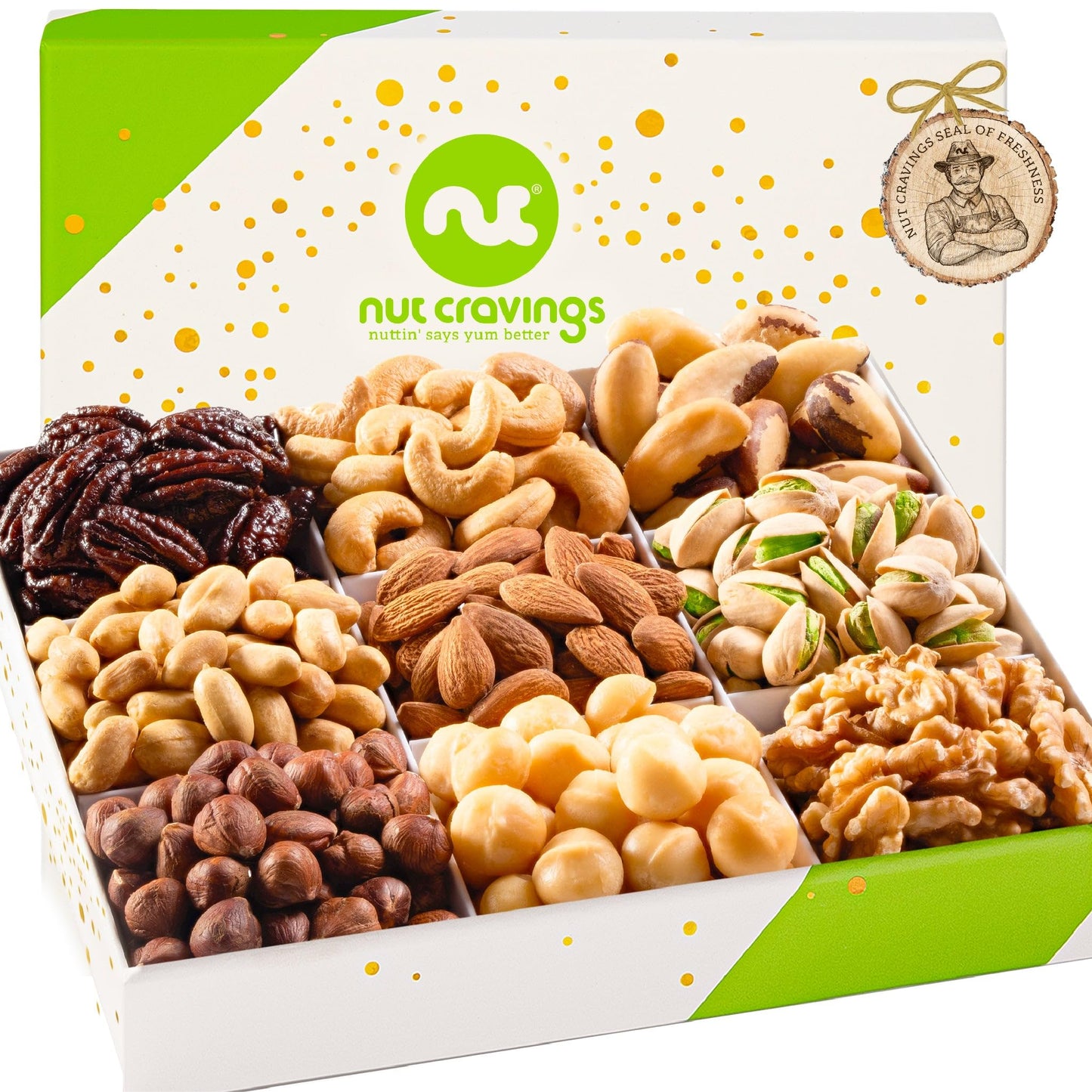 Nut Cravings Gourmet Collection - Rosh Hashana & Shana Tova Mixed Nuts Gift Basket In White Gold Box (9 Assortments) Arrangement