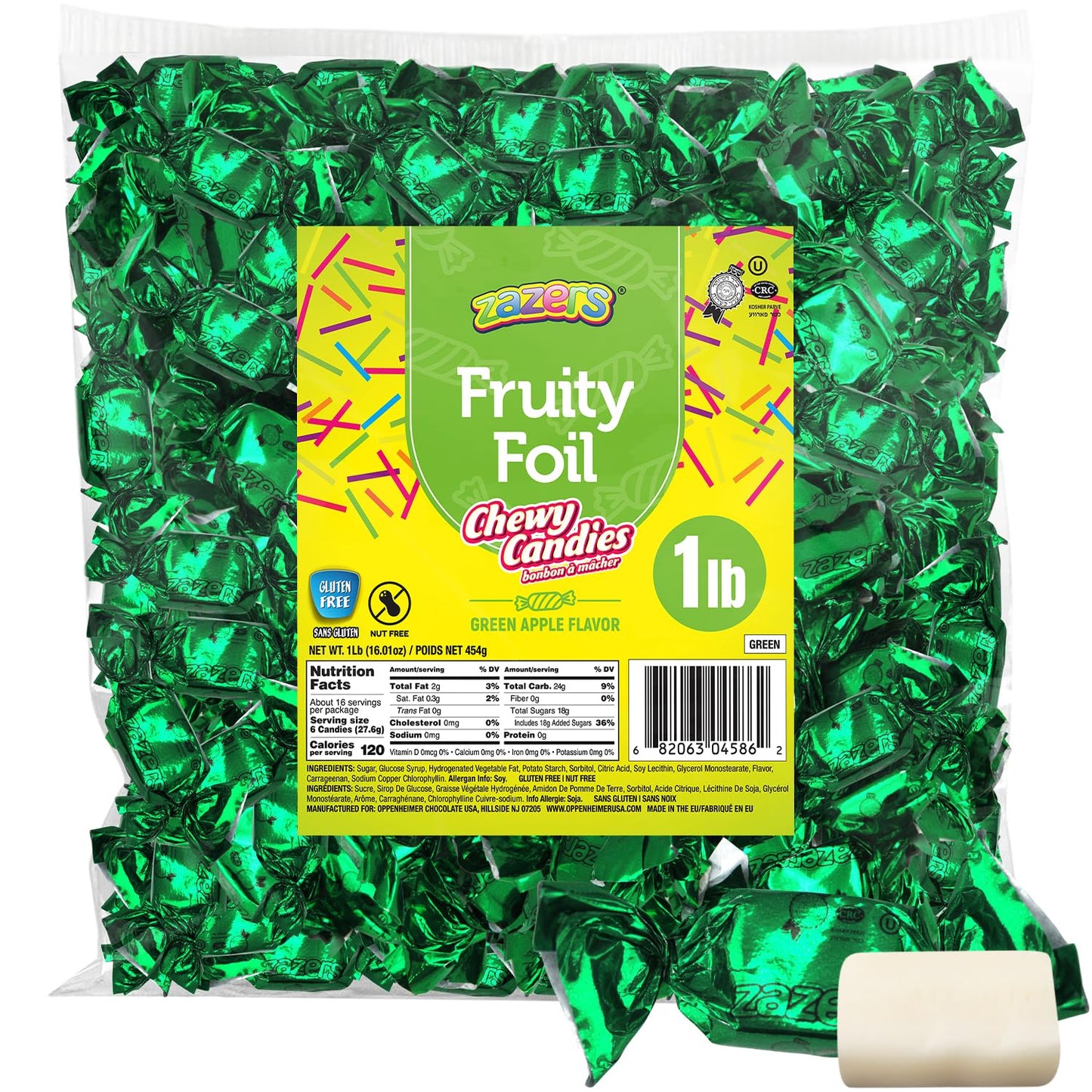 Zazers Green Apple Chewy Taffy Candy - 1-Pound Bag of Zazers Fruity Foil Chewy Candy - Green Apple Flavor, Individually Wrapped,
