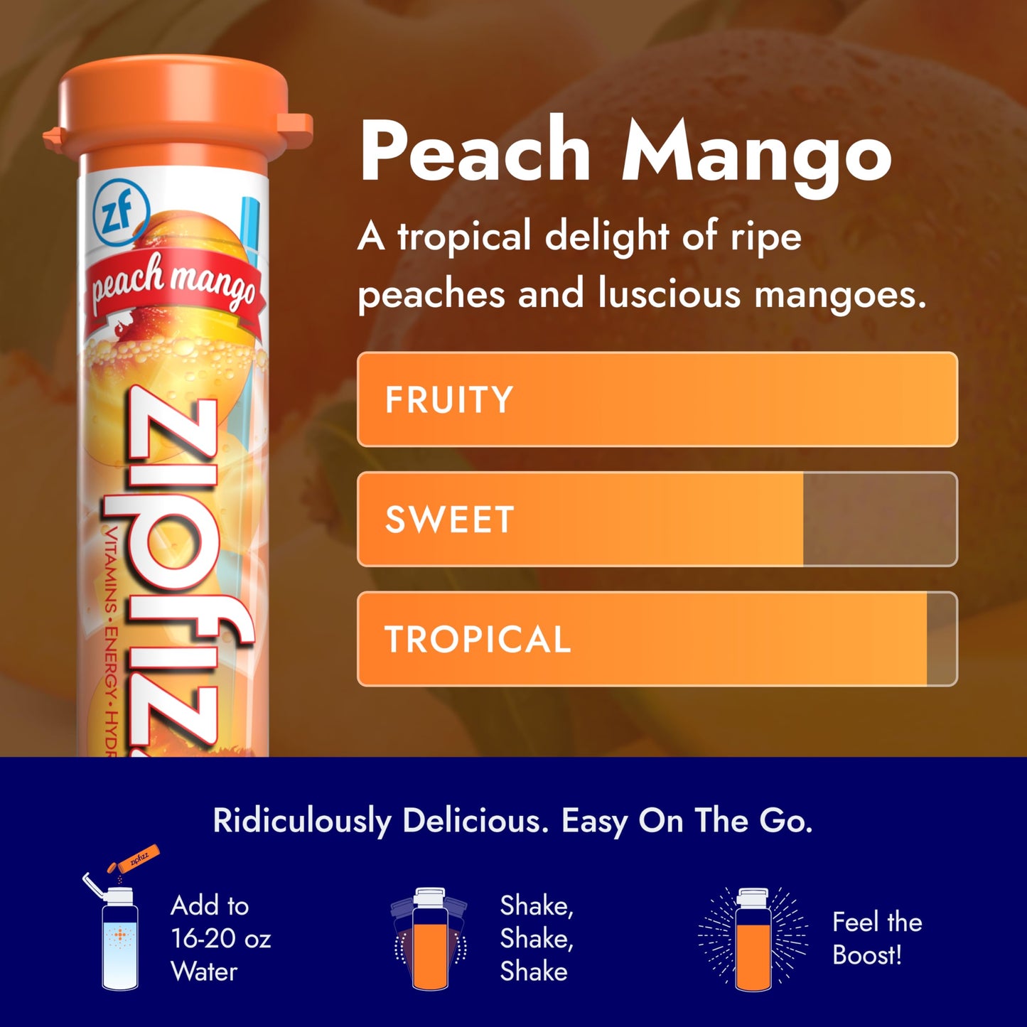 Zipfizz Daily Energy Drink Powder, Peach Mango, 20 Pack | Sugar-Free, Electrolyte Powder, Contains Vitamin B-12, 0.39 Ounce Each