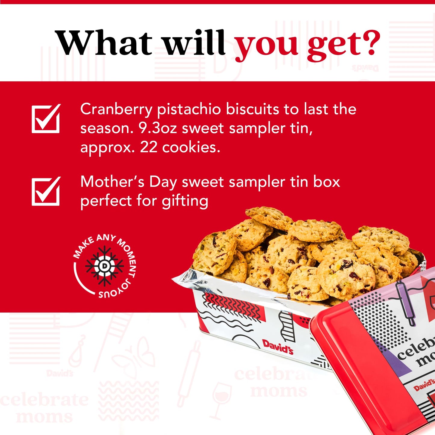 David'S Cookies Celebrate Moms Cranberry Pistachio Biscuits Sweet Sampler Tin - Irresistible Crunch, Snacks And Bakery Treats -