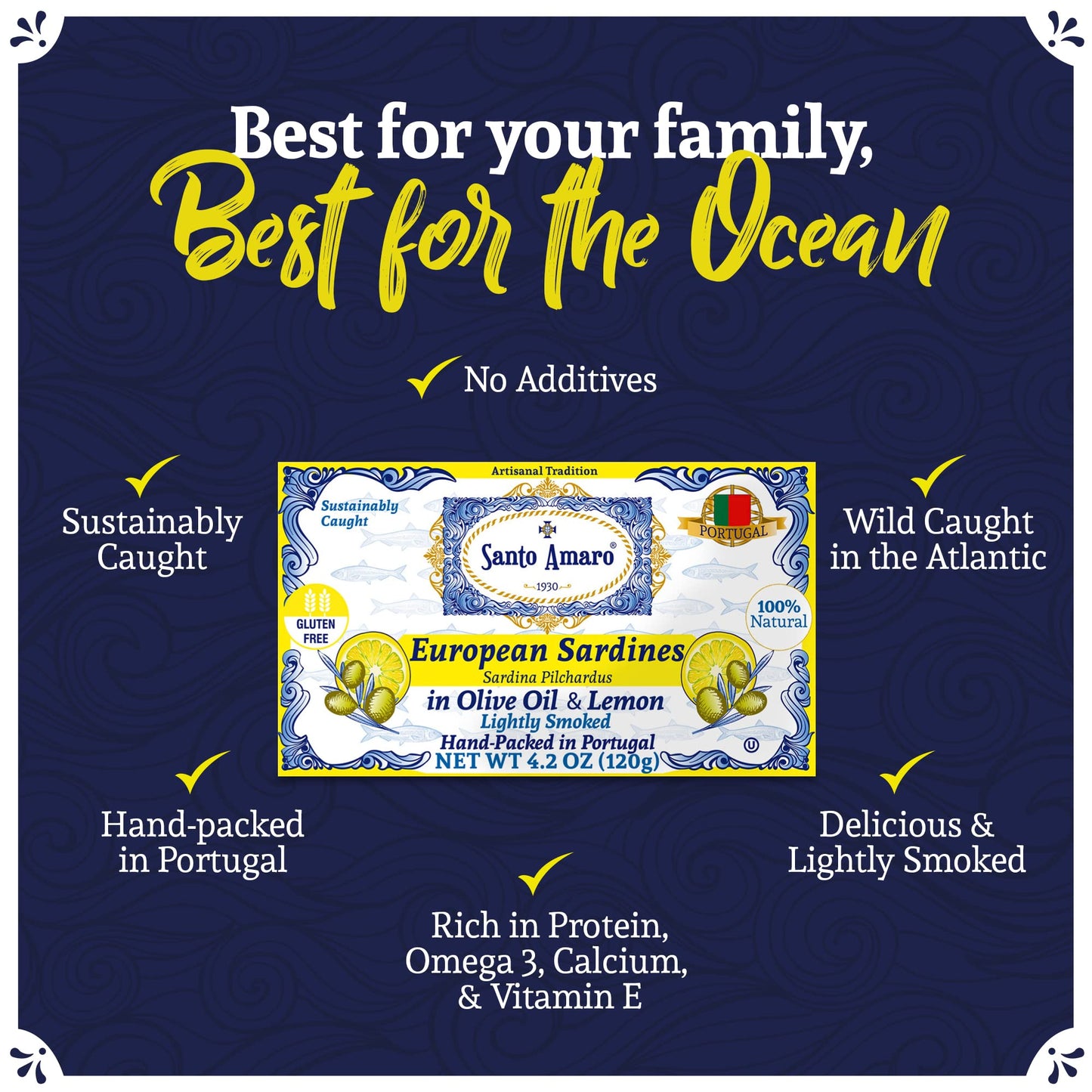 Santo Amaro Sardines in Olive Oil & Lemon, Hand-Packed, 4.2 oz (Pack of 6), Lightly Smoked, Wild Caught, Lisbon Variety