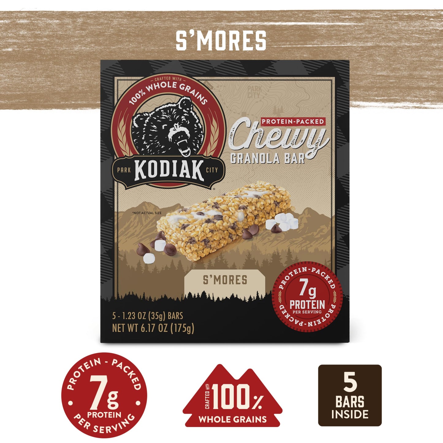 Kodiak Cakes Chewy Granola Protein Snack Bars Variety Pack, S'Mores, Chocolate Chip, Double Chocolate, High Protein, 100% Whole Grains, Pack Of 4 (20 Bars Total)
