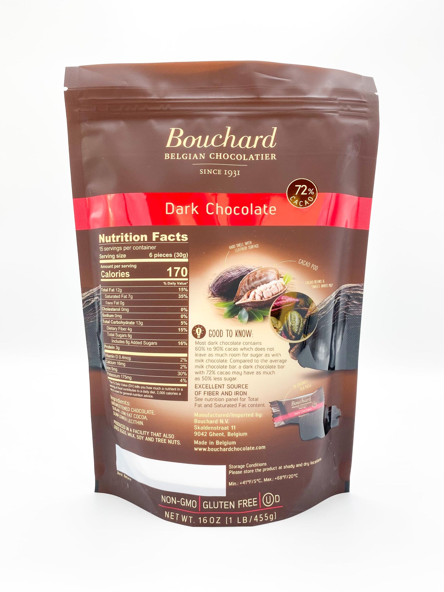 Bouchard Premium Belgian Dark Chocolate 72% Cacao, Individually Wrapped, 1 LB